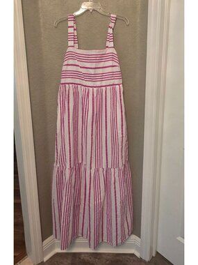 LOFT Pink White Striped Cotton Blend Lined Tiered Sleeveless Maxi Dress L